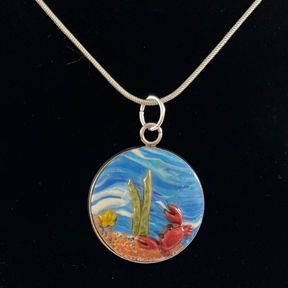 Unique design-Silver stainless steel bezel Ocean/crab Polymer clay Necklace - Picture 2 of 3
